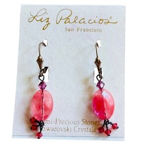 Liz Palacios Earrings Pierced Pink Stone Swarovski Crystal Dangle Signed Beaded